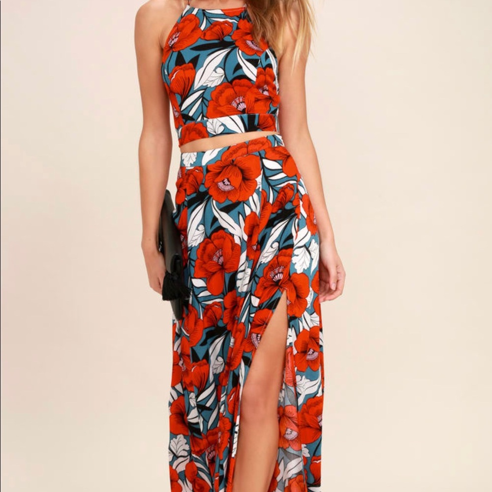 Lulus Back to Your Roots Red Floral Print Two-Piece Maxi Dress